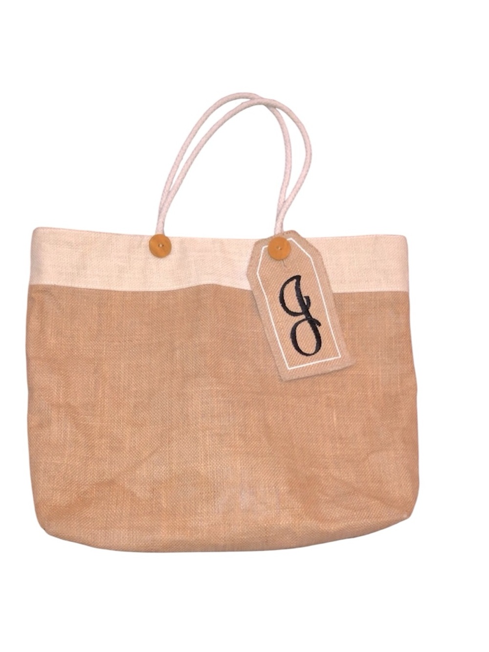 Mudpie burlap tote bag with J monogram